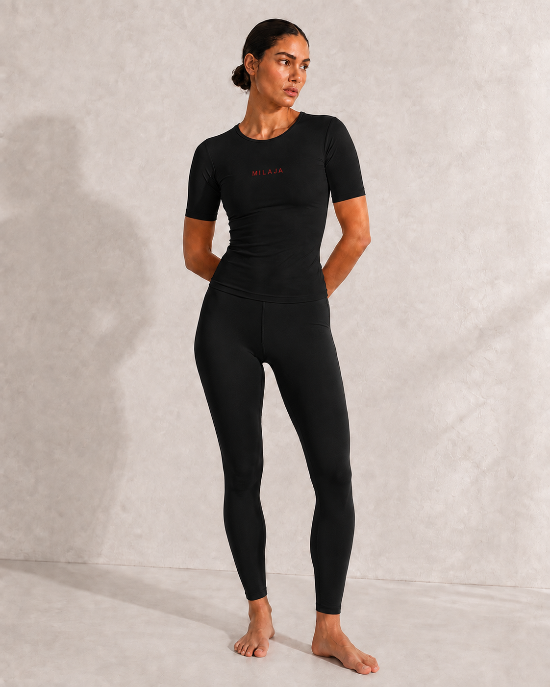 MILAJA Short-Sleeve Training Top in Black matching set