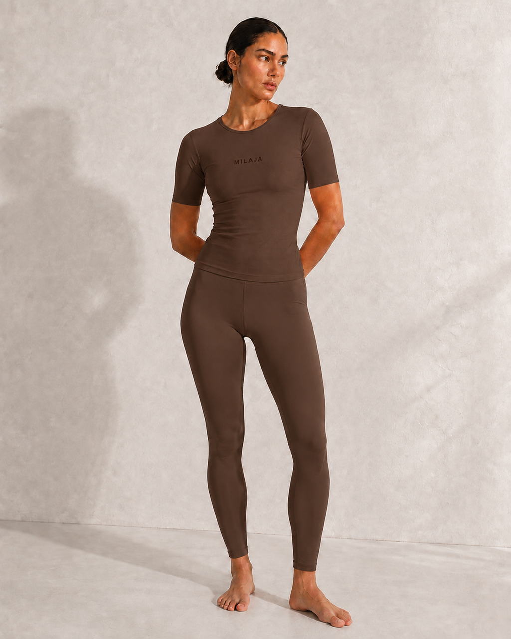 MILAJA Short-Sleeve Training Top in Coffee Bean matching set