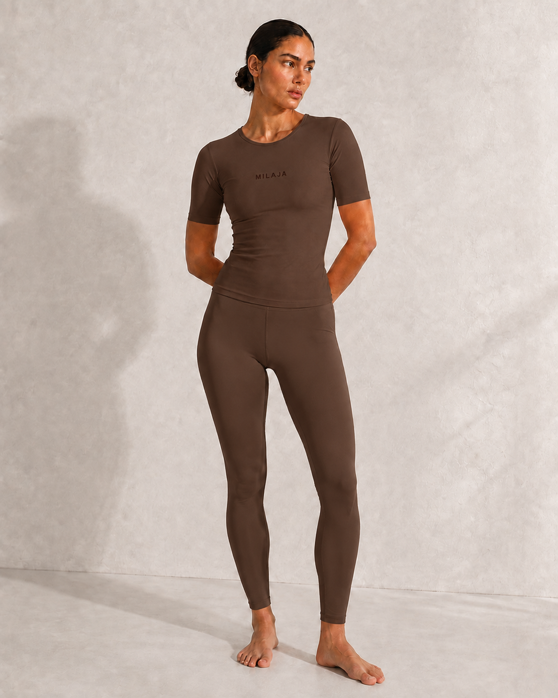 MILAJA Short-Sleeve Training Top in Coffee Bean matching set