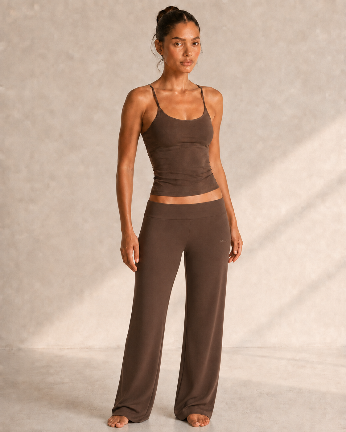 MILAJA Skinny-Strap Yoga Top in Coffee Bean
